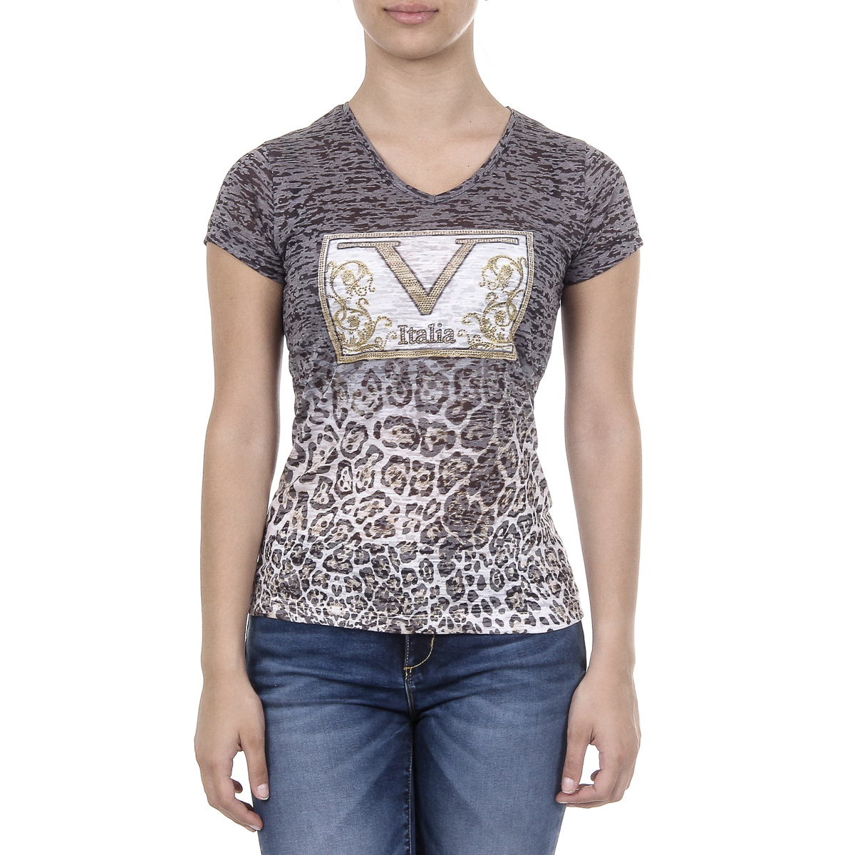 V 1969 Italia T-shirt da donna a maniche corte con scollo a V nera EVELYN