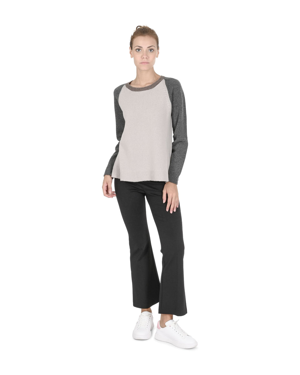 Maglione girocollo da donna in cashmere Crown of Edinburgh COE 0016 GRIGIO/BEIGE