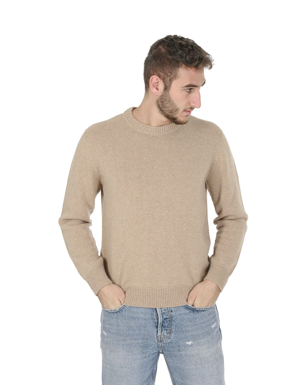 Maglione girocollo da uomo in cashmere Crown of Edinburgh COE 009 BEIGE