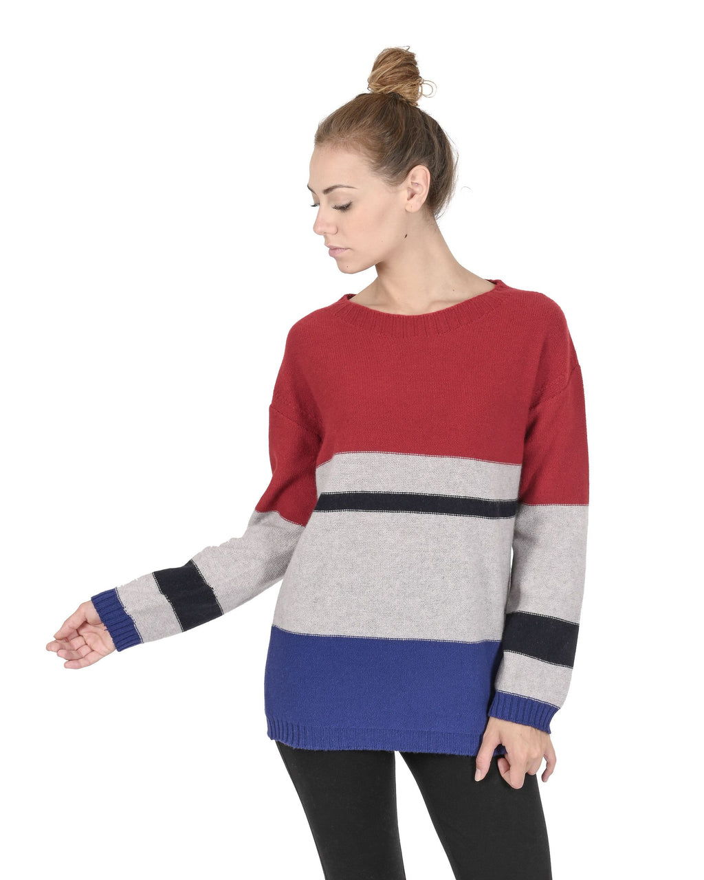 Maglione da donna in cashmere con scollo a barca Crown of Edinburgh COE 0017 ROSSO/GRIGIO/BLU