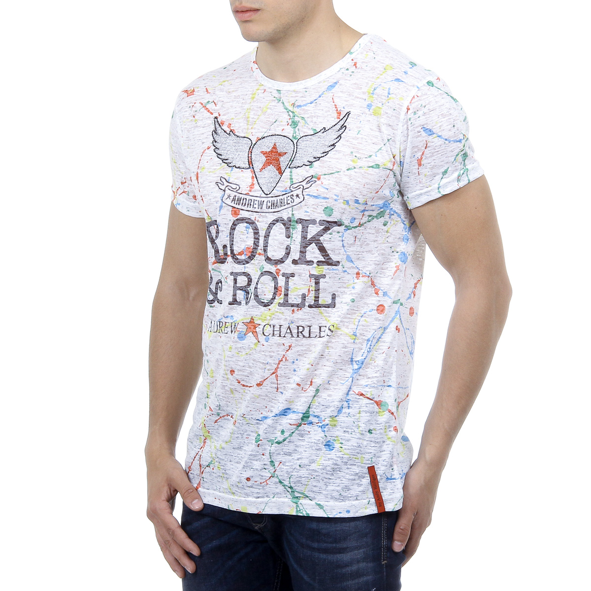 Andrew Charles T-shirt da uomo a maniche corte con scollo tondo, bianca, modello HUNTER