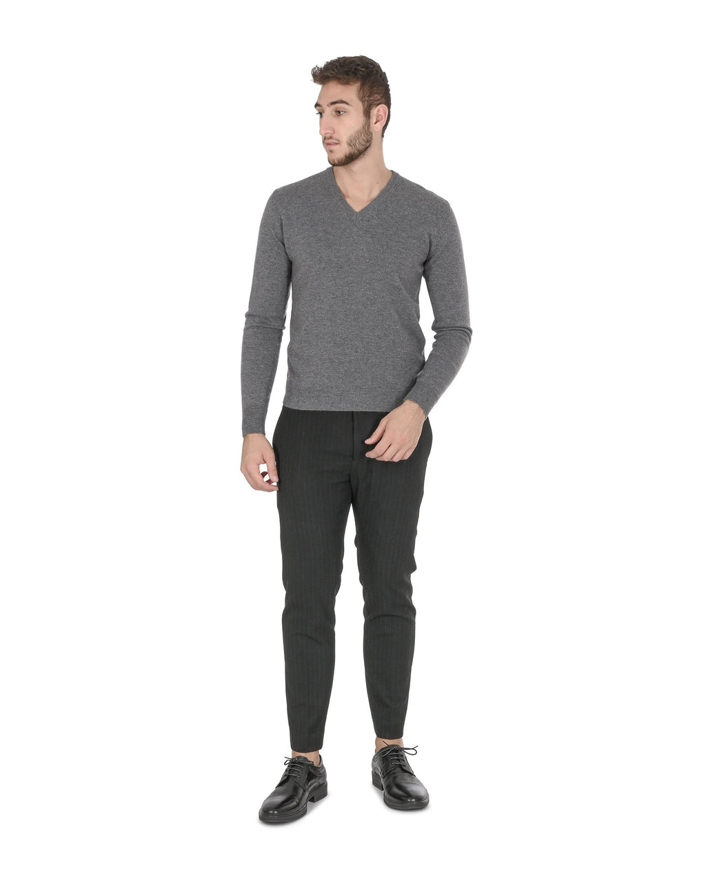 Maglione da uomo in cashmere con scollo a V Crown of Edinburgh COE 0012 GRIGIO