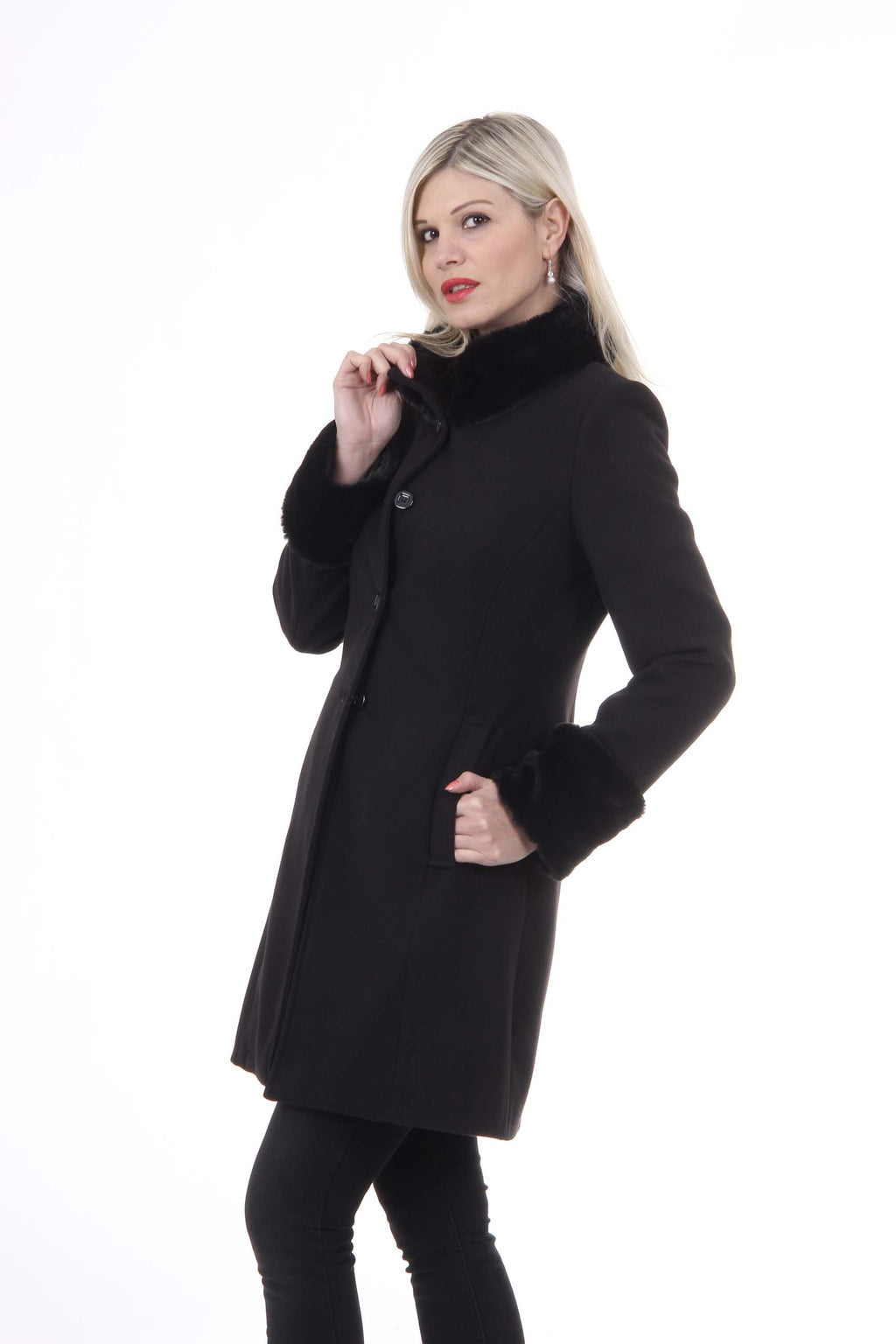 Cappotto da donna V 1969 Italia CAPPOTTO LINDA TESS. VELLUTO + PELLICCIA NERO