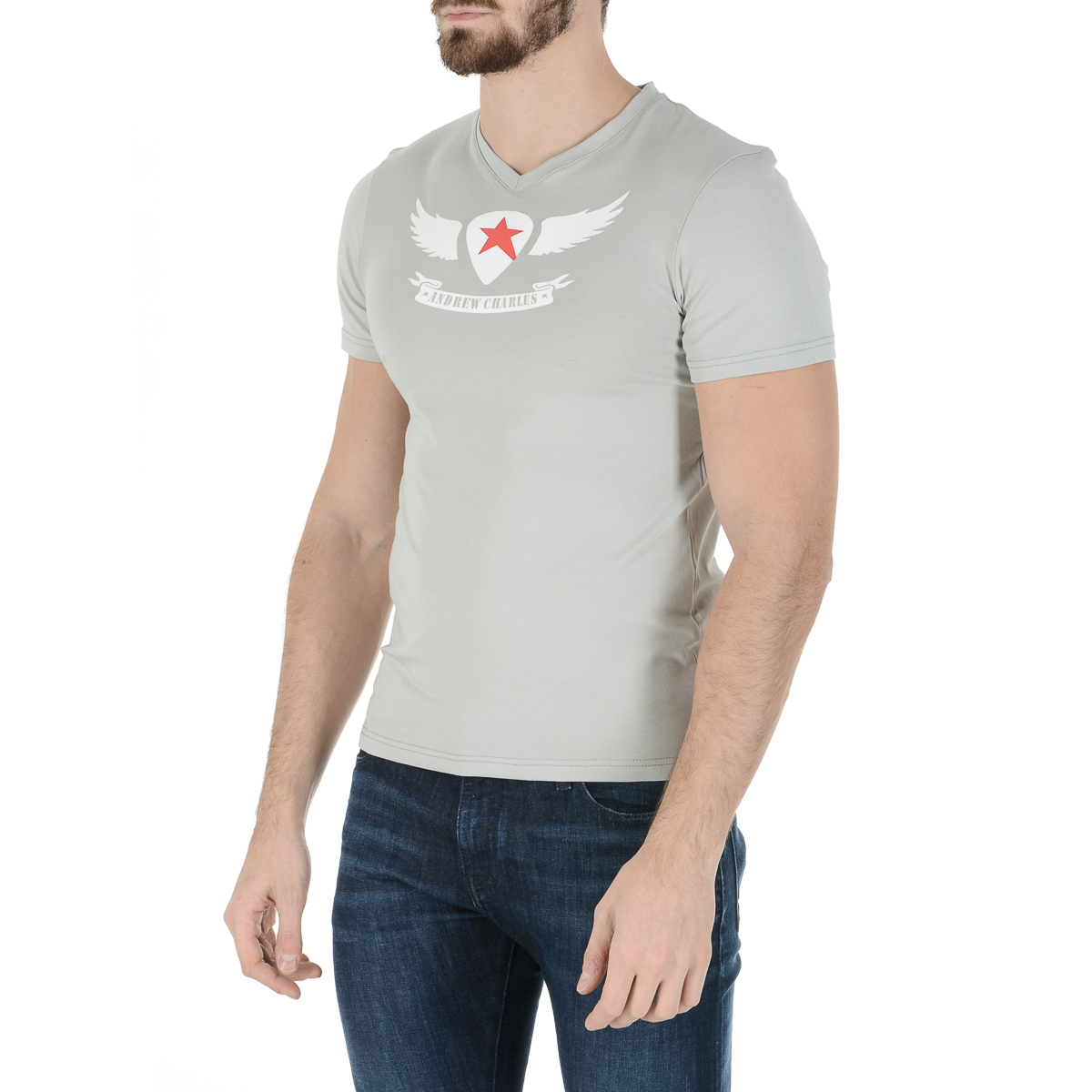 Andrew Charles T-shirt da uomo a maniche corte con scollo a V grigio chiaro KENAN