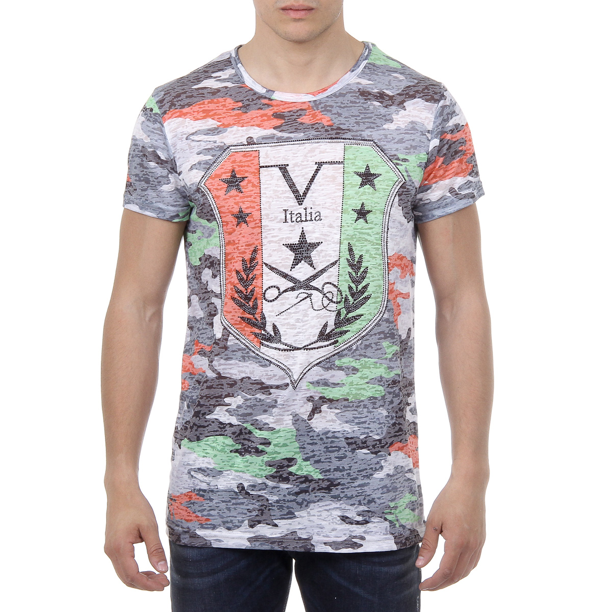 V 1969 Italia T-shirt da uomo a maniche corte con scollo rotondo multicolore OWEN