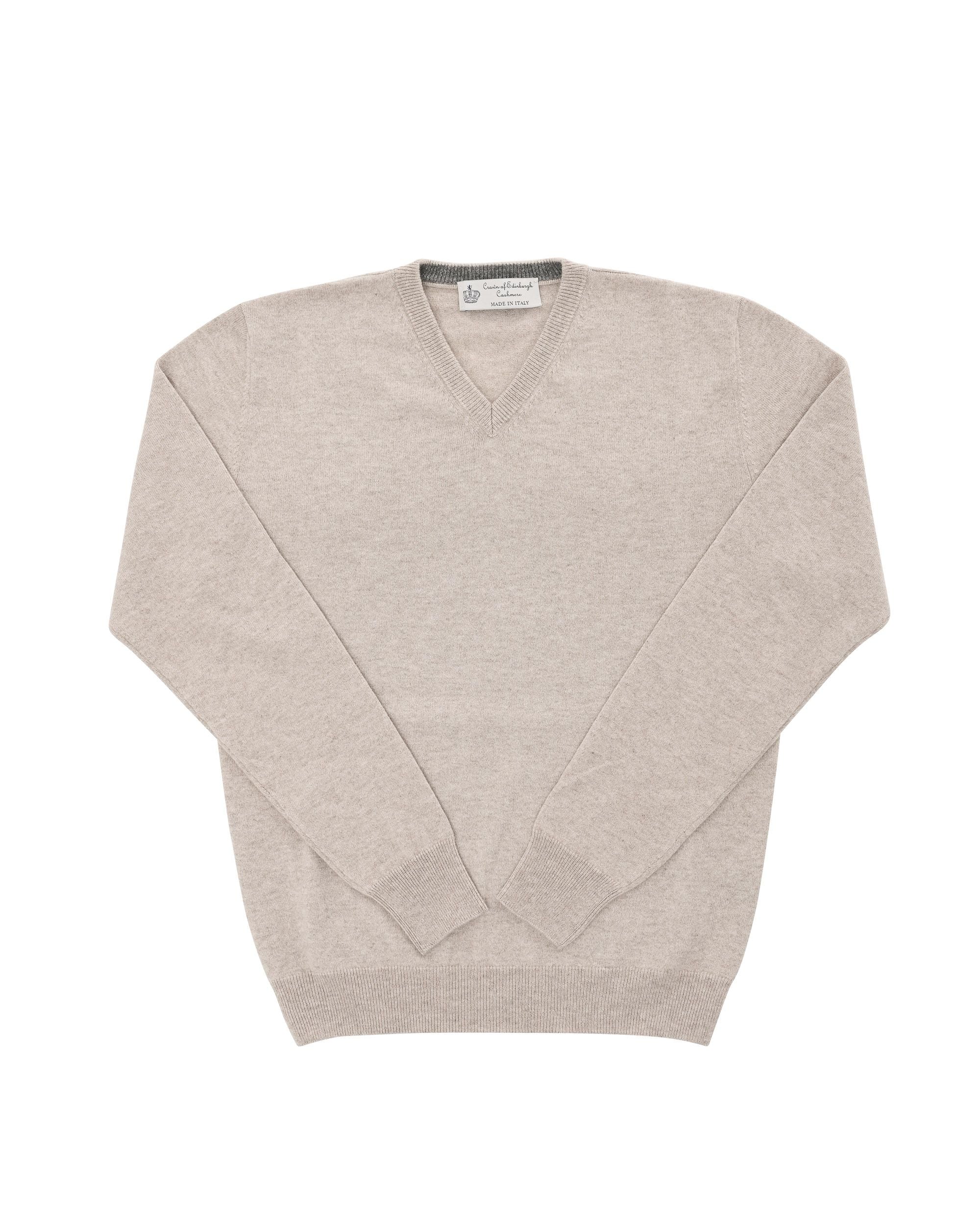 Maglione da uomo in cashmere con scollo a V Crown of Edinburgh COE 0012 BEIGE