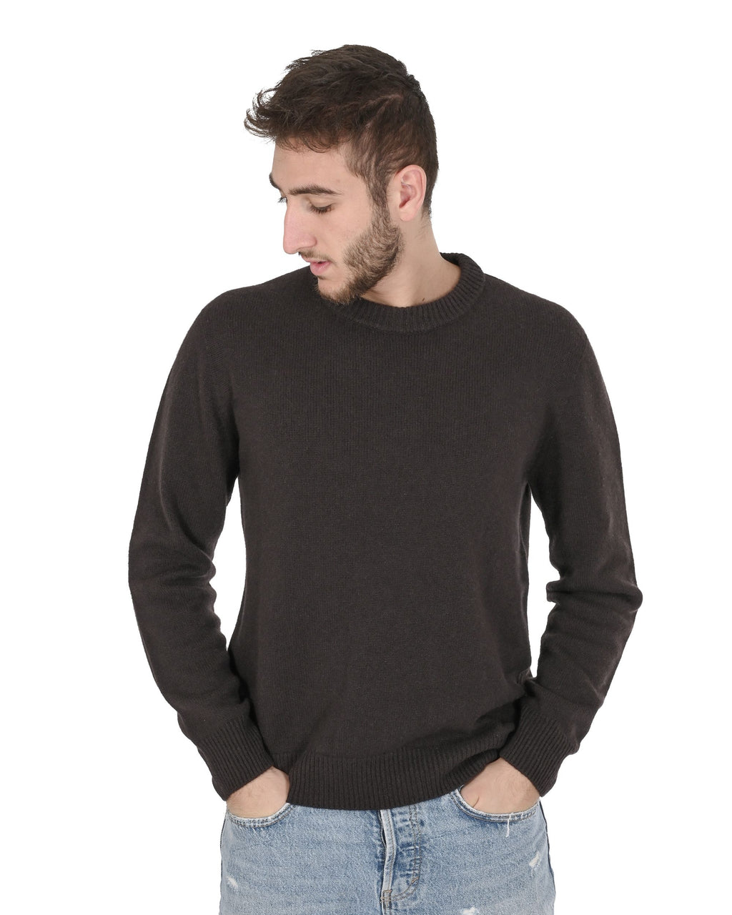 Maglione girocollo da uomo in cashmere Crown of Edinburgh COE 009 MARRONE