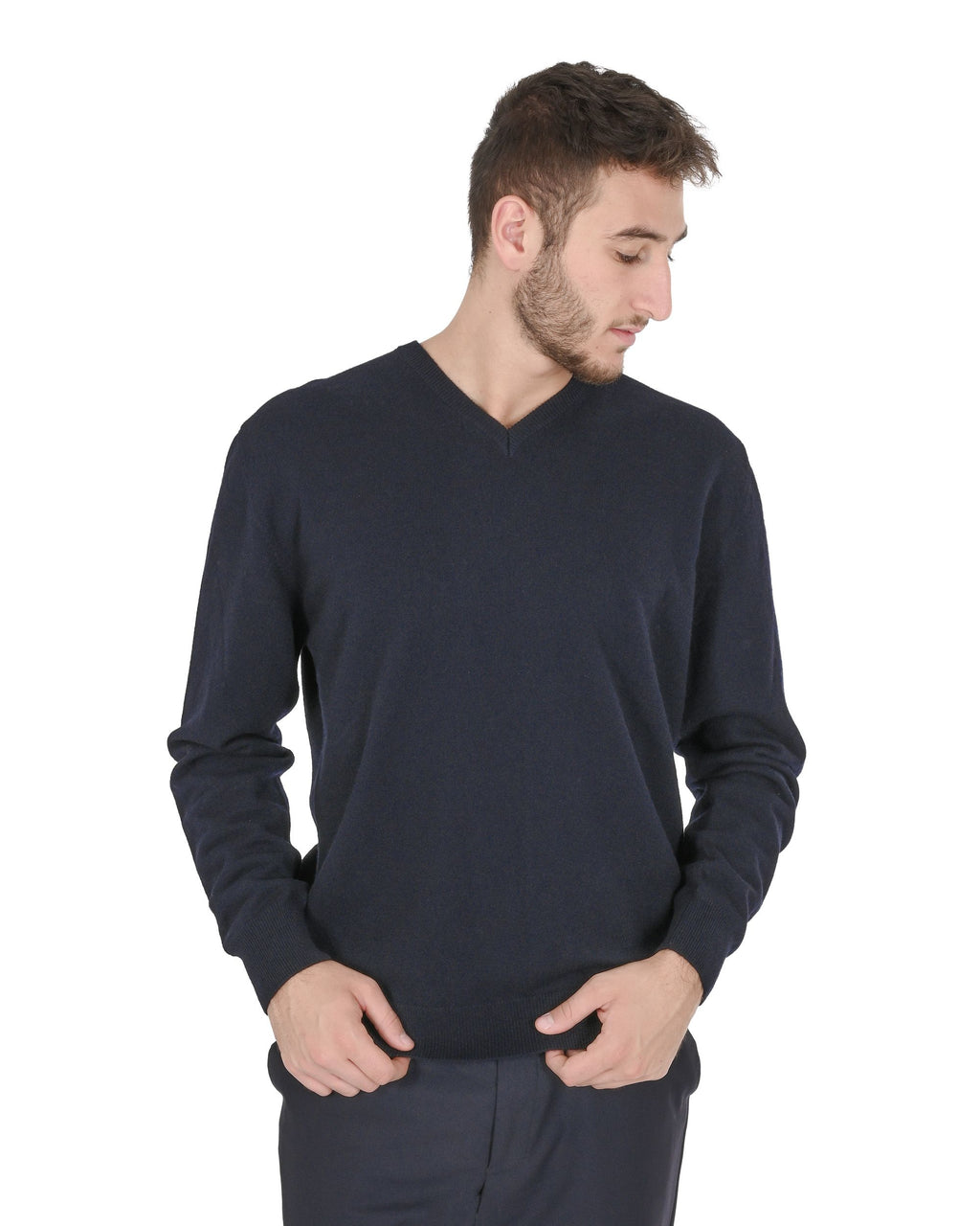 Maglione da uomo in cashmere con scollo a V Crown of Edinburgh COE 0012 BLU NAVY