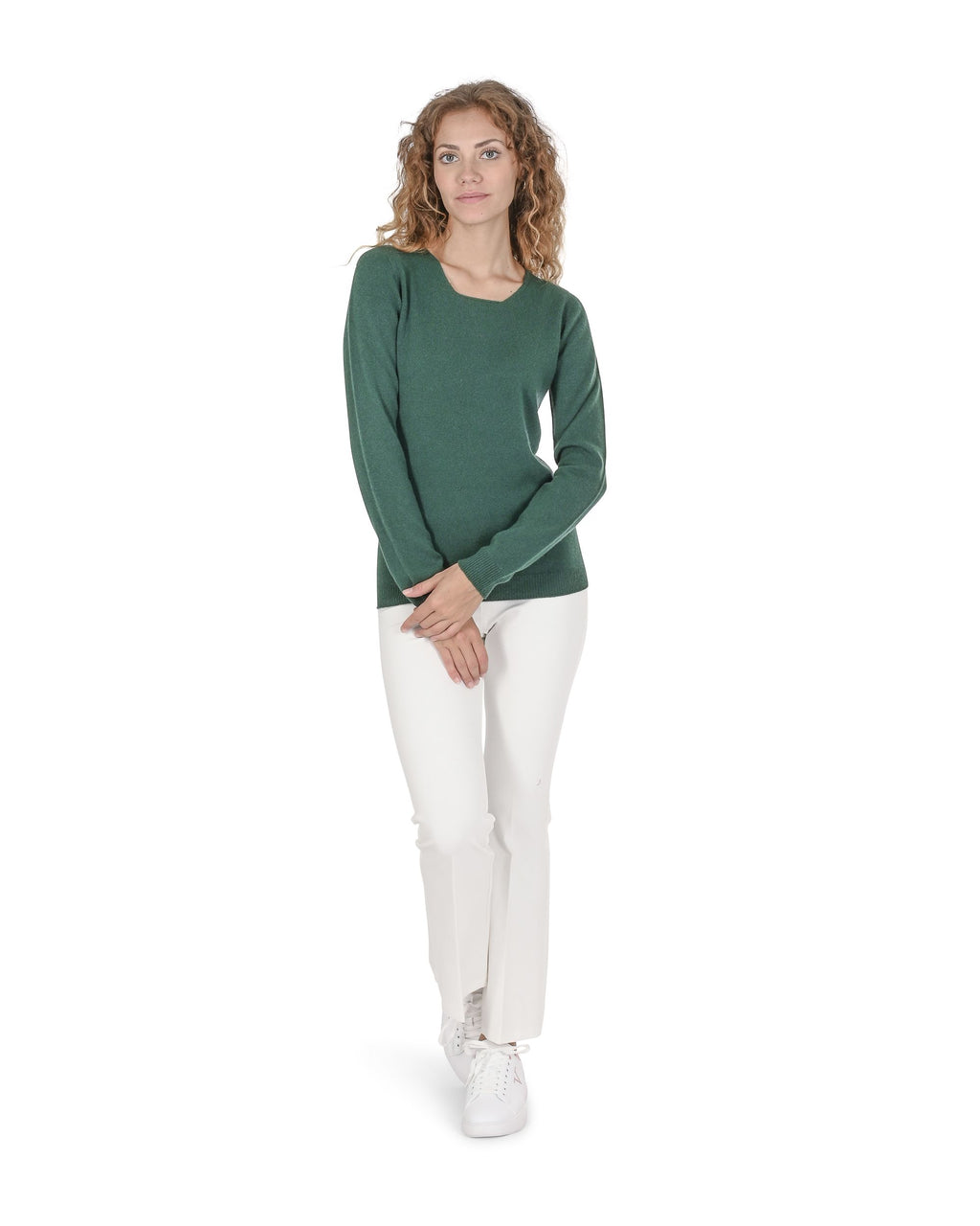Maglione da donna in cashmere con scollo quadrato Crown of Edinburgh COE 0024 VERDE BOTTIGLIA
