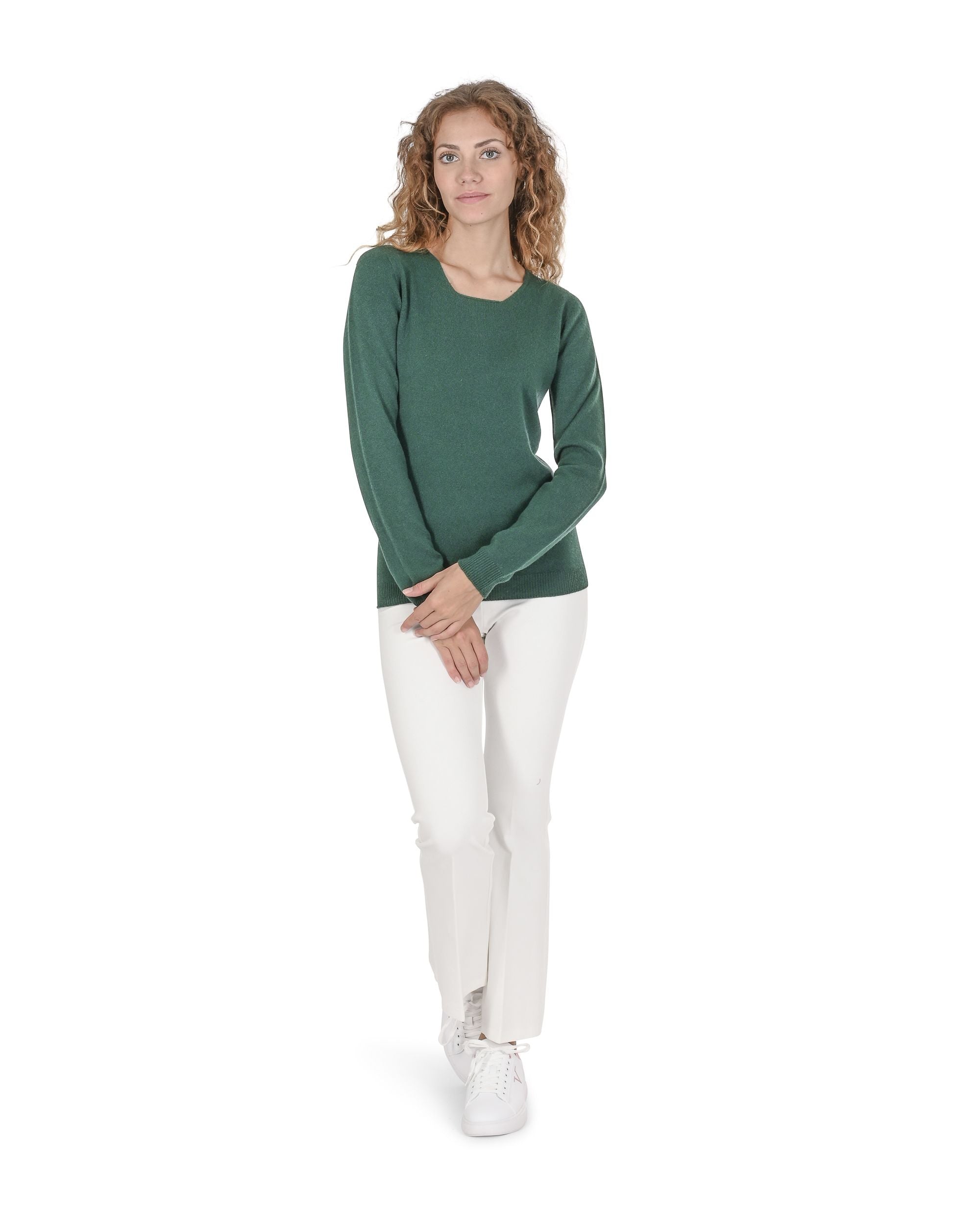 Maglione da donna in cashmere con scollo quadrato Crown of Edinburgh COE 0024 VERDE BOTTIGLIA