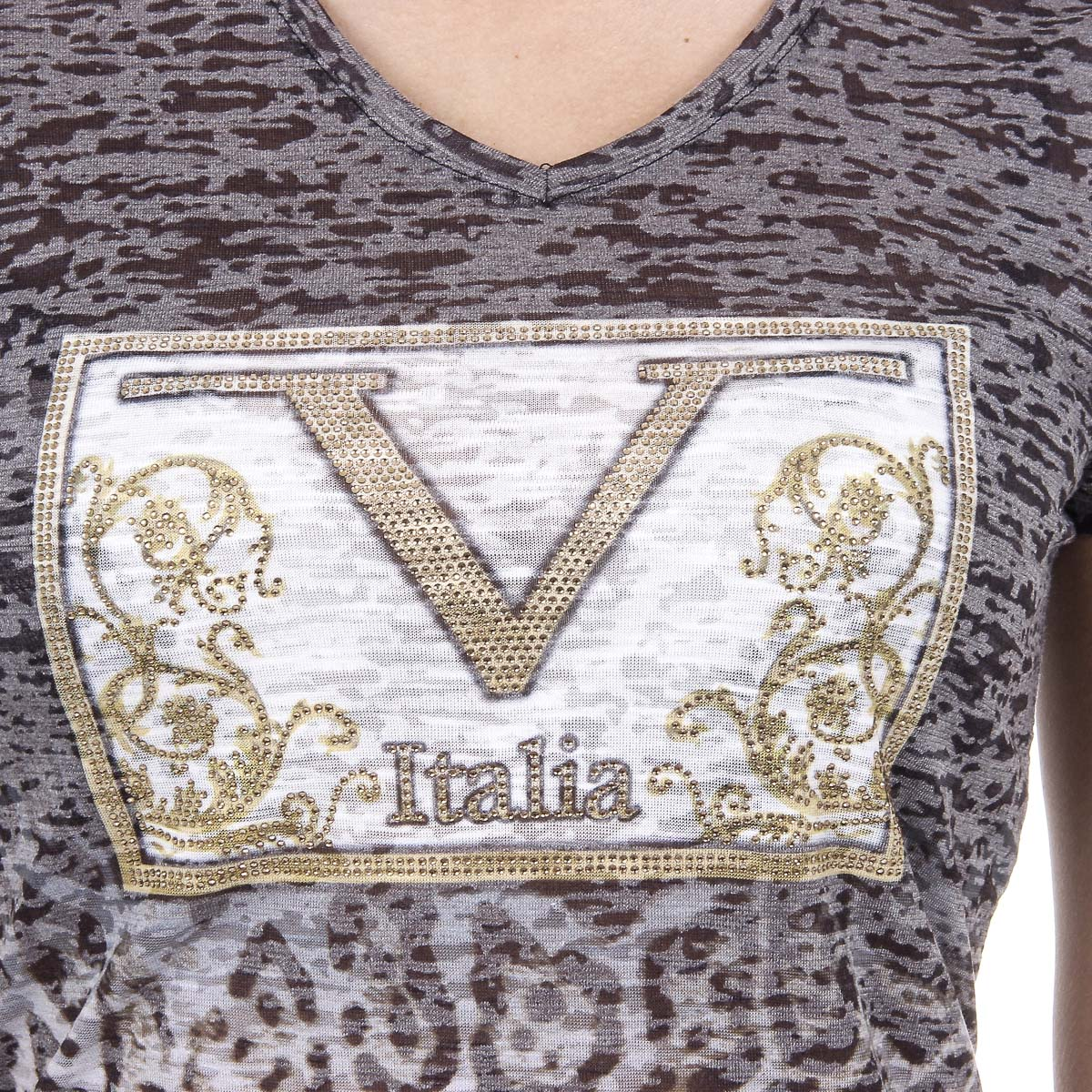 V 1969 Italia T-shirt da donna a maniche corte con scollo a V nera EVELYN