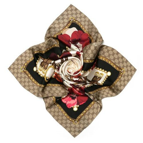 Sciarpa Gucci GG monogramma stampa 100% seta 90x90 cm marrone multi