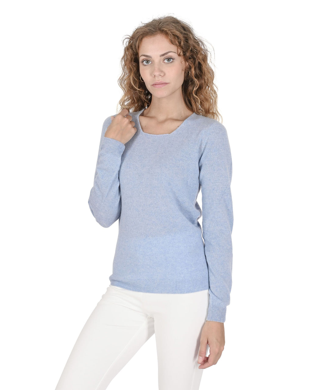 Maglione da donna in cashmere con scollo quadrato Crown of Edinburgh COE 0024 AZZURRO CHIARO