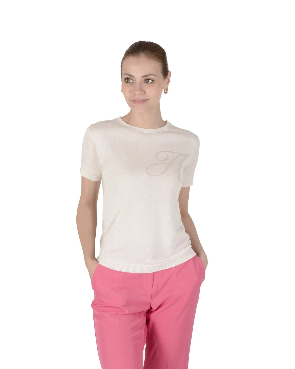 Maglia girocollo estiva in cashmere - Manica corta - Avorio