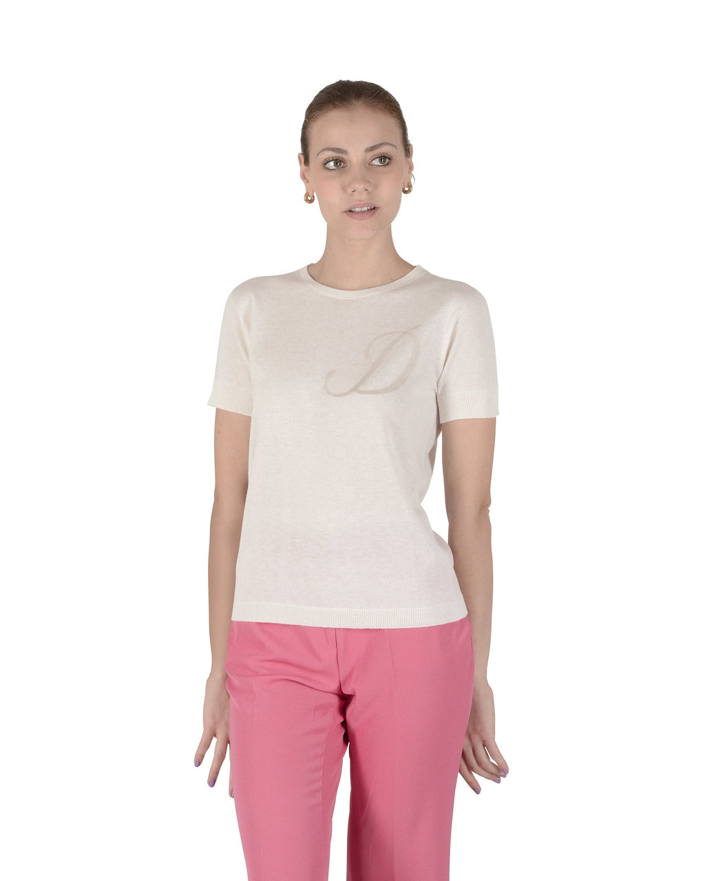 Maglia girocollo estiva in cashmere - Manica corta - Avorio