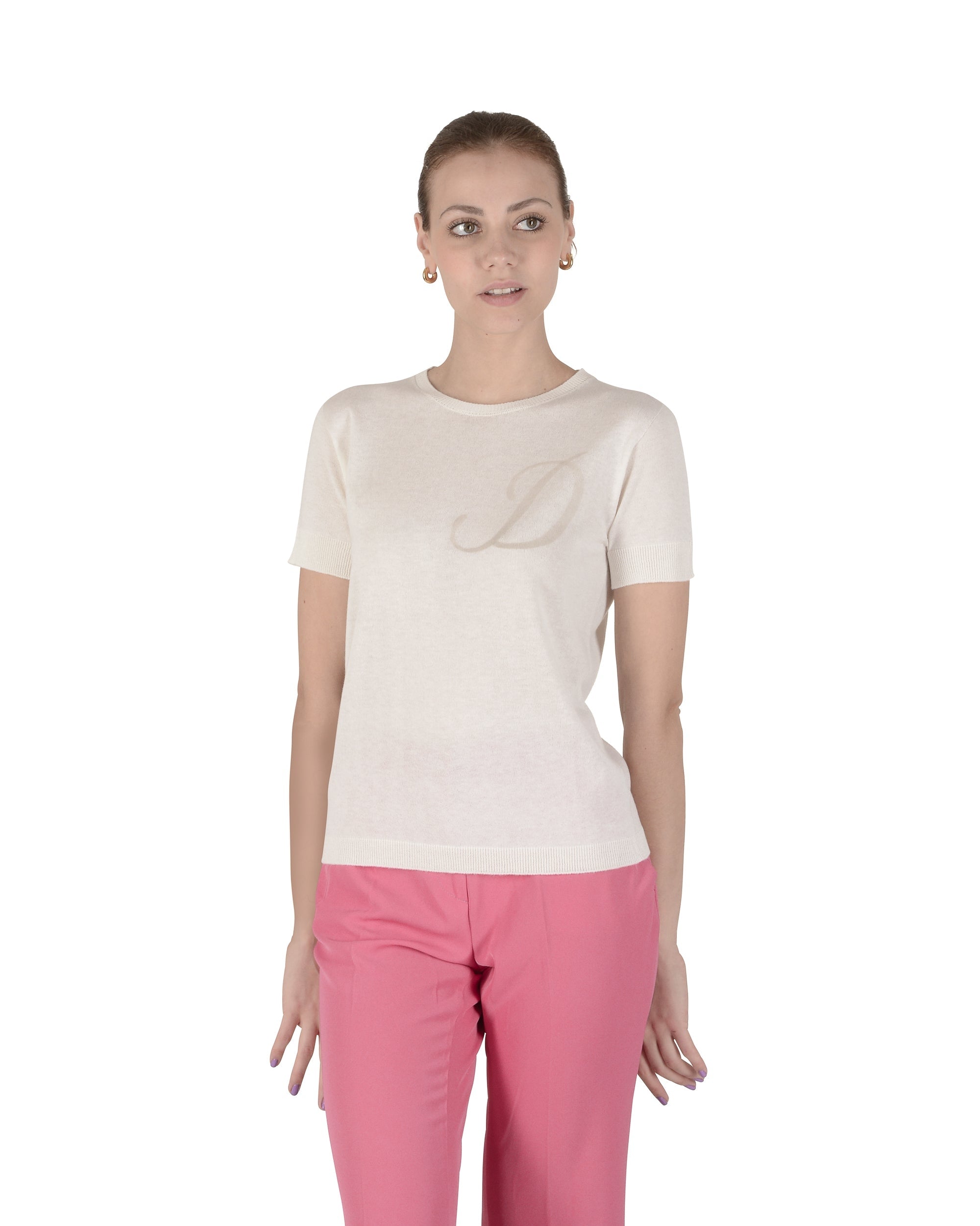 Maglia girocollo estiva in cashmere - Manica corta - Avorio