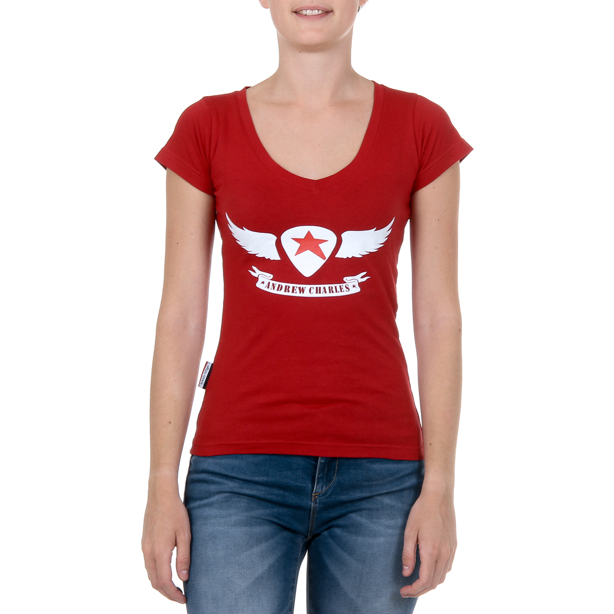 Andrew Charles T-shirt da donna a maniche corte con scollo a V, rossa TAPIWA