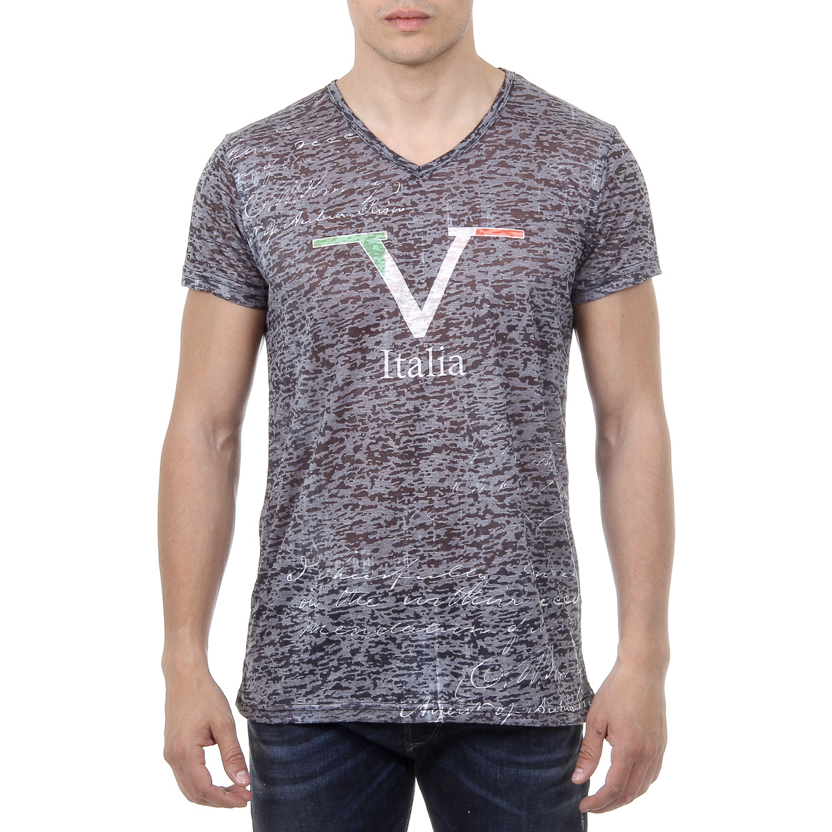 V 1969 Italia T-shirt da uomo a maniche corte con scollo a V, nera JACOB