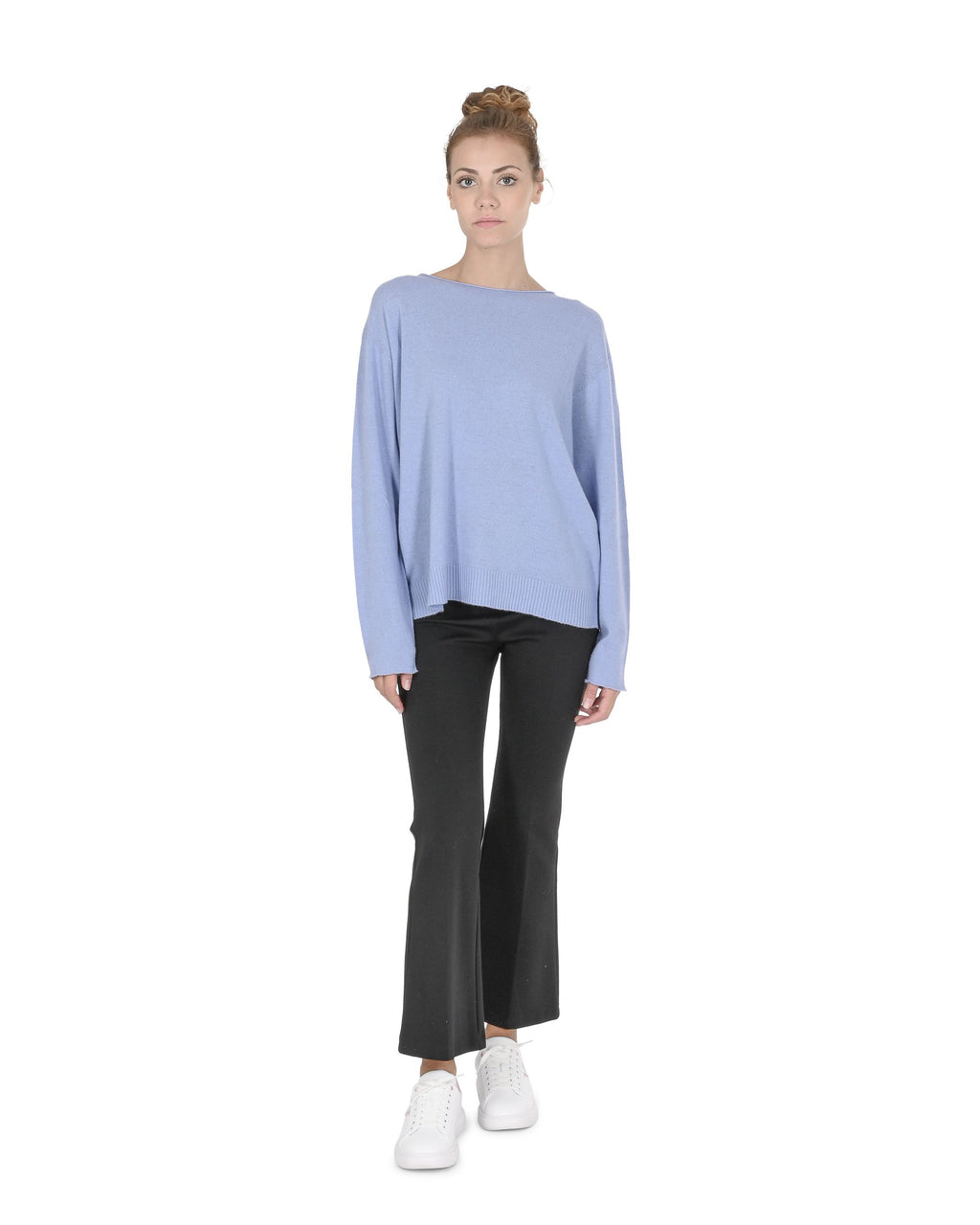 Maglione oversize con scollo a barca da donna in cashmere Crown of Edinburgh COE 008 BLU CIELO