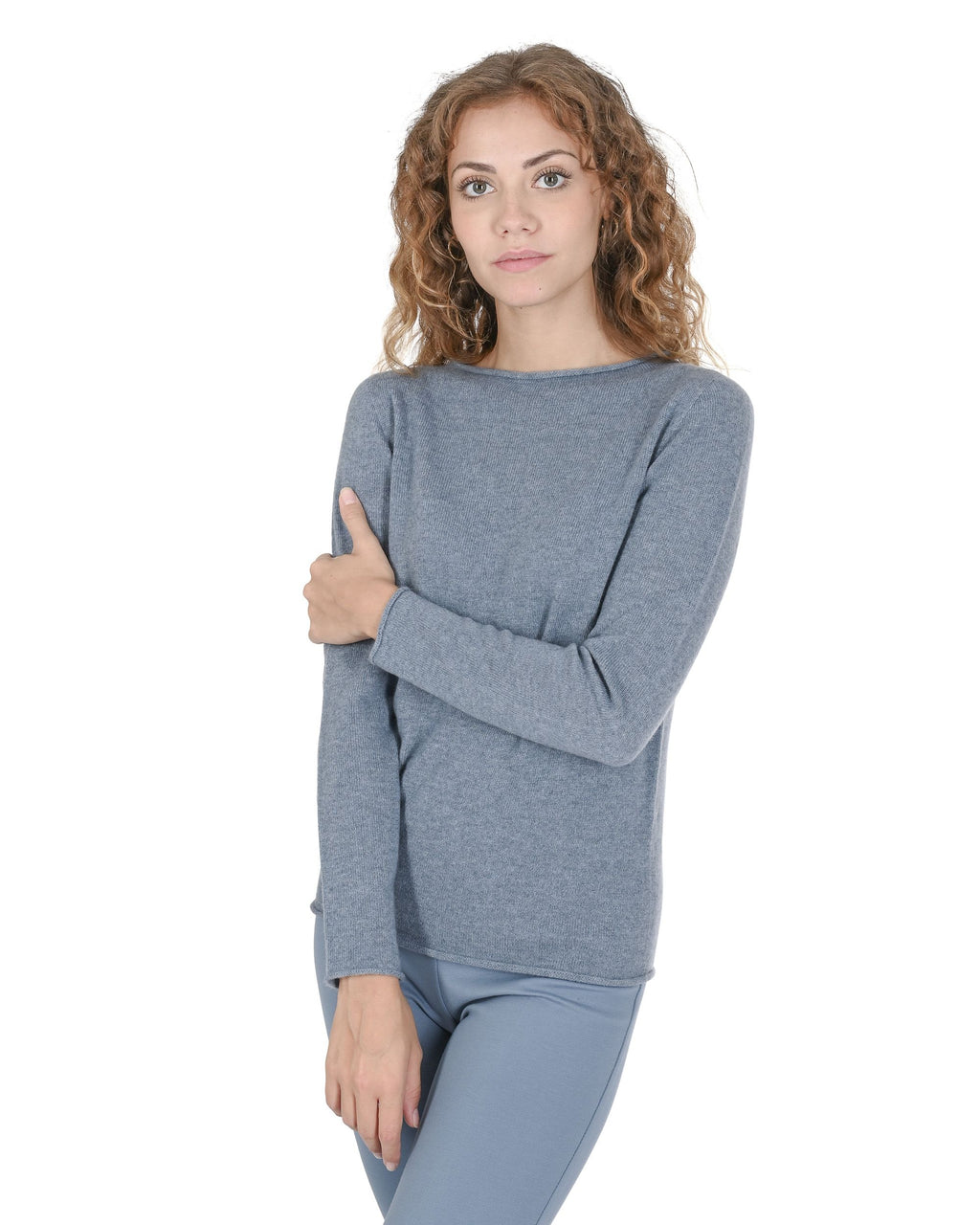 Maglione da donna con scollo a barca in cashmere Crown of Edinburgh COE 0025 AZZURRO