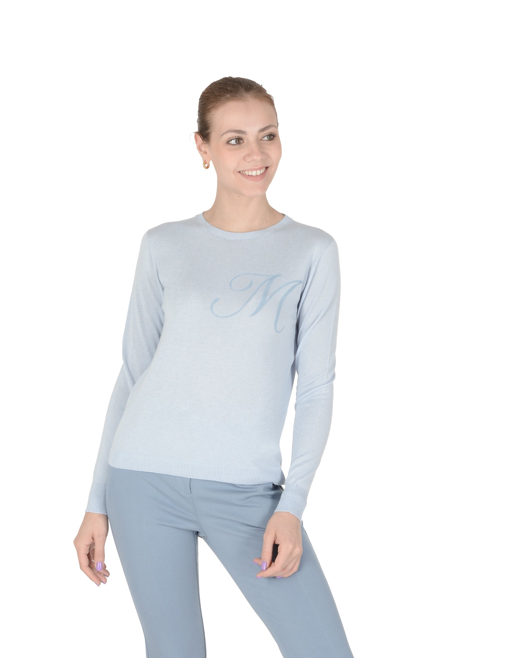 Maglia girocollo in cashmere estivo - Manica lunga - Azzurro