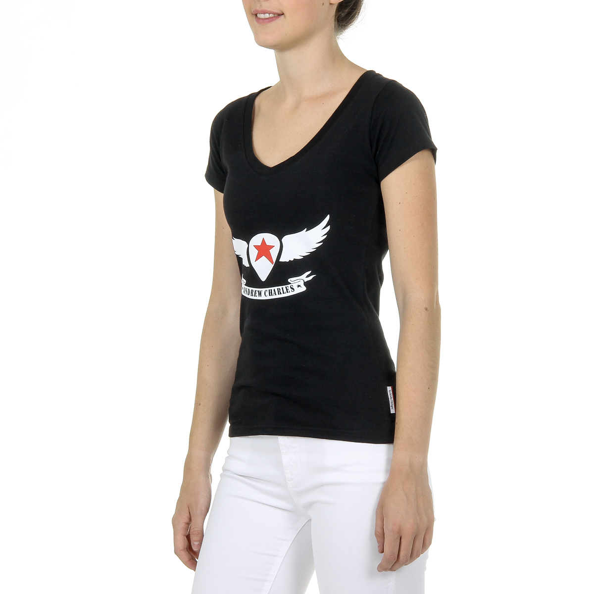 Andrew Charles T-shirt da donna a maniche corte con scollo a V, nera TAPIWA