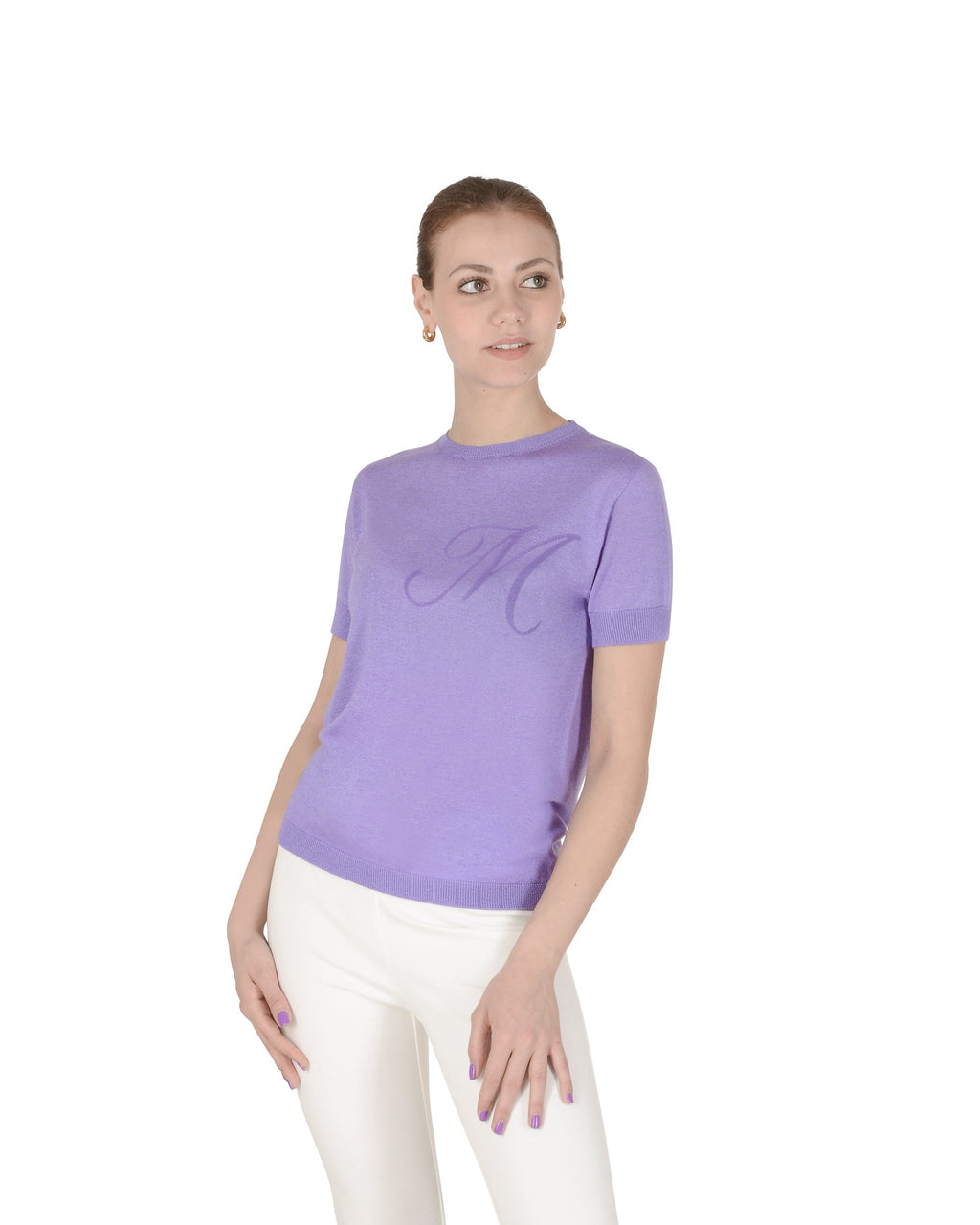 Maglia girocollo estiva in cashmere - Manica corta - Lilla