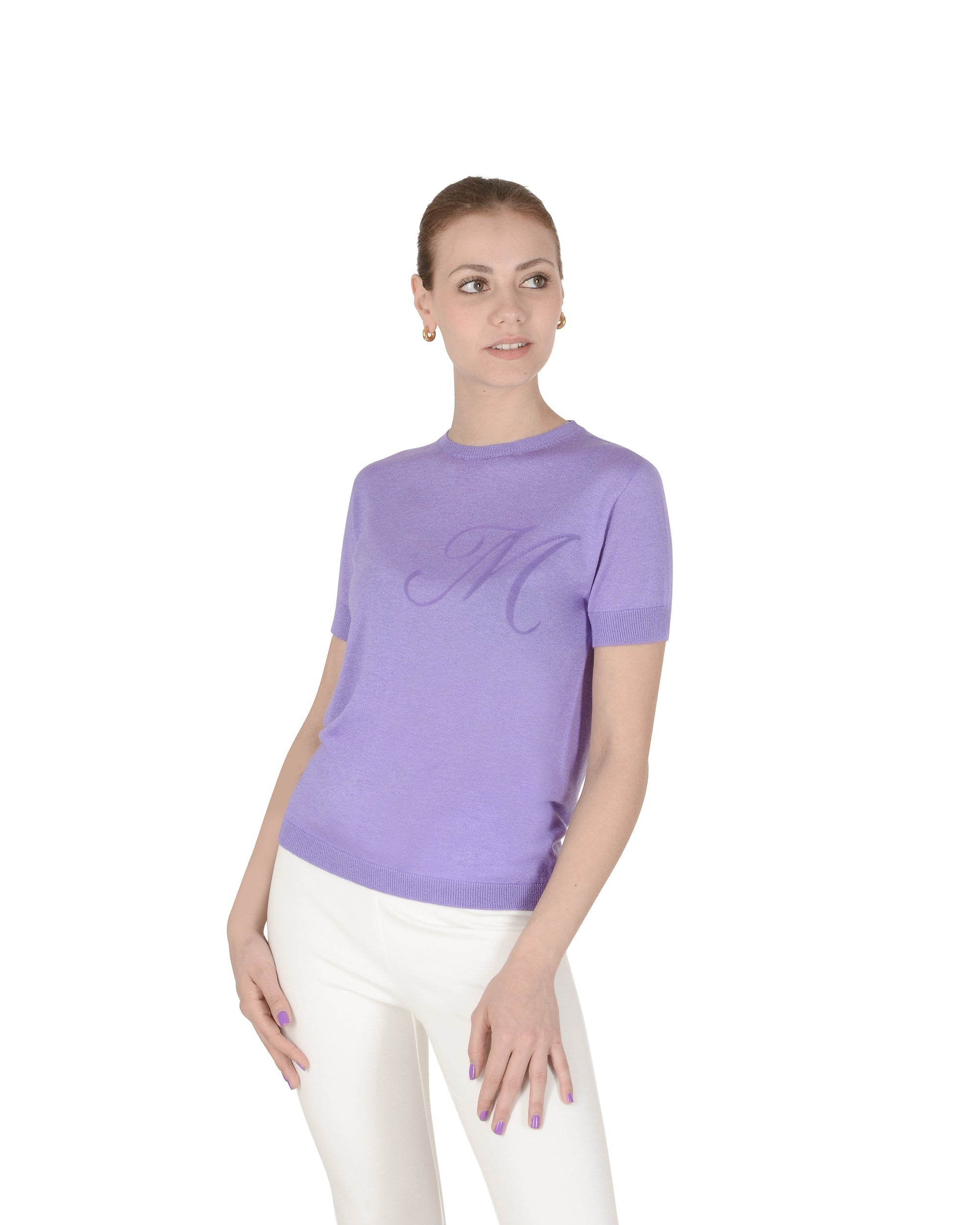 Maglia girocollo estiva in cashmere - Manica corta - Lilla