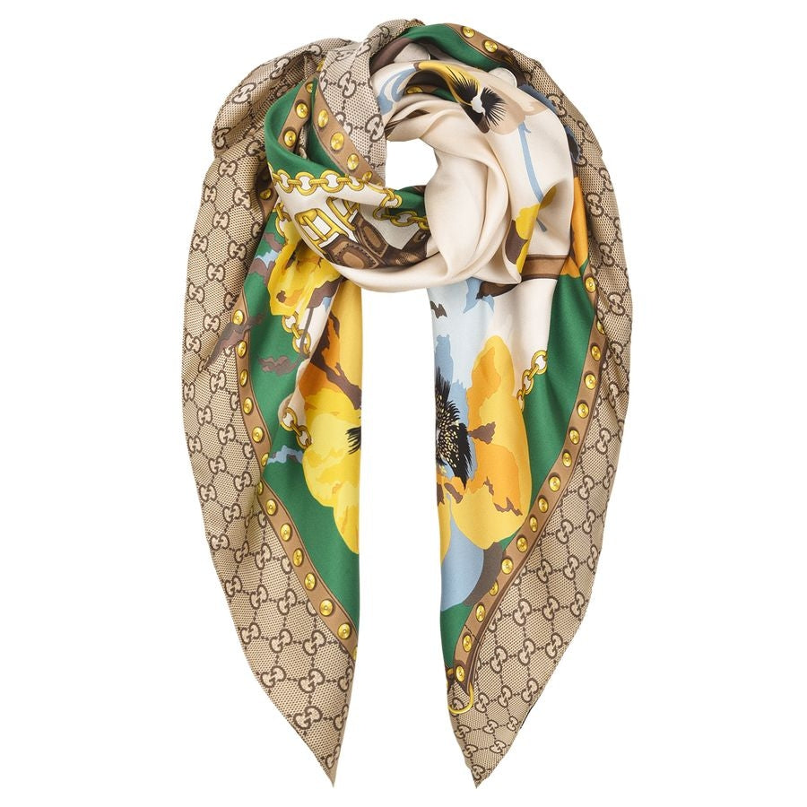 Sciarpa Gucci GG monogramma stampa 100% seta 90x90 cm marrone multi