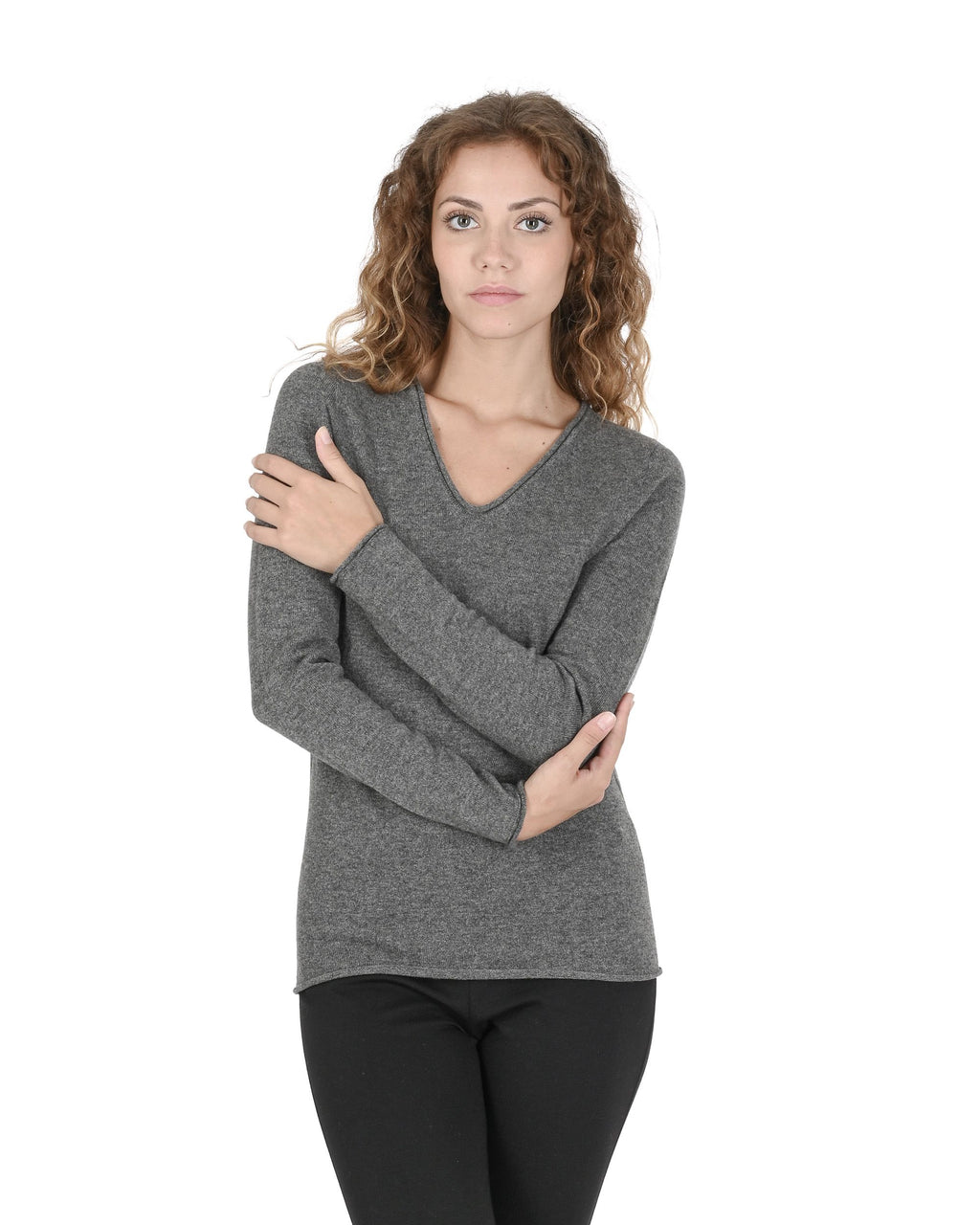 Maglione da donna con scollo a V in cashmere Crown of Edinburgh COE 0022 GRIGIO