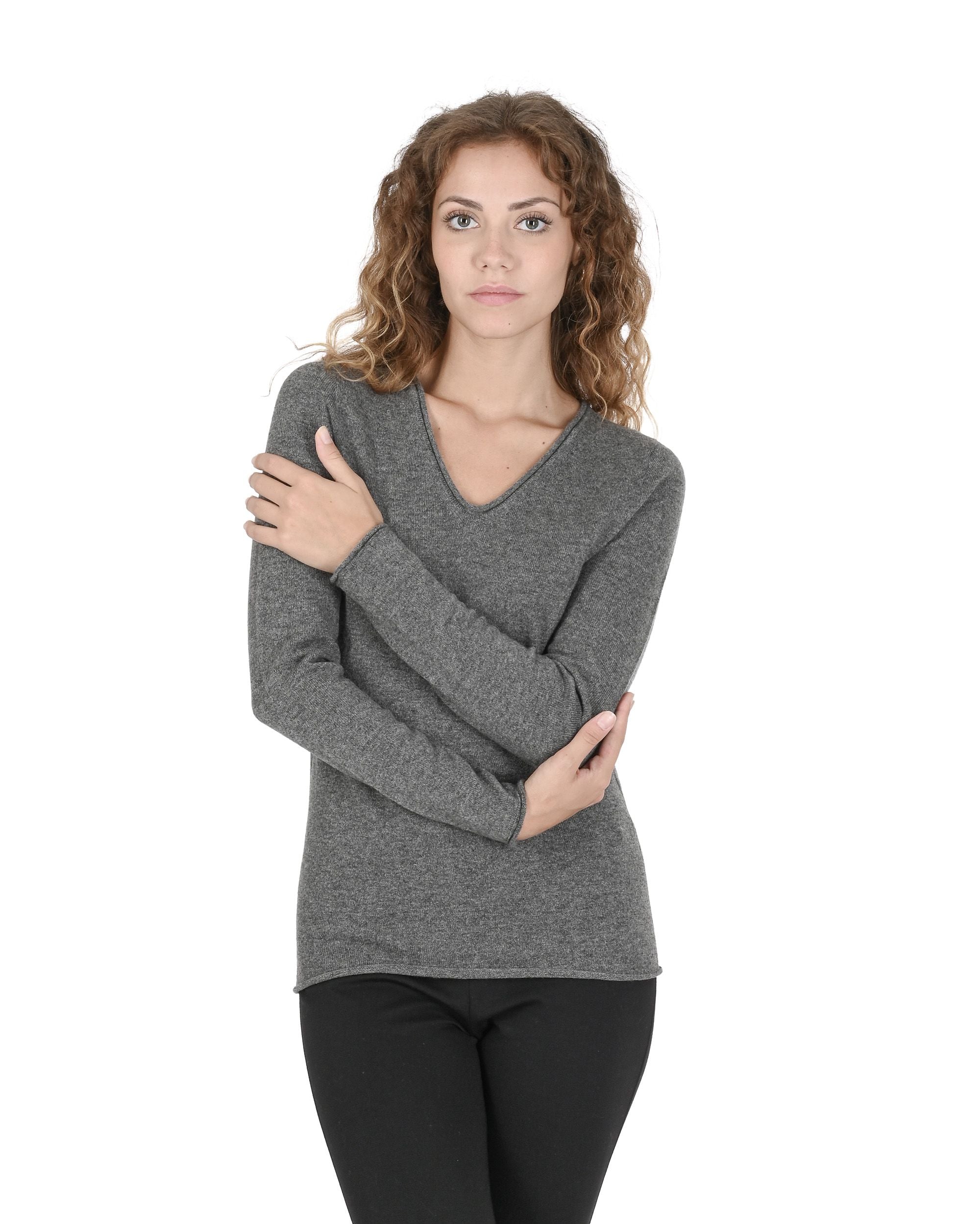 Maglione da donna con scollo a V in cashmere Crown of Edinburgh COE 0022 GRIGIO