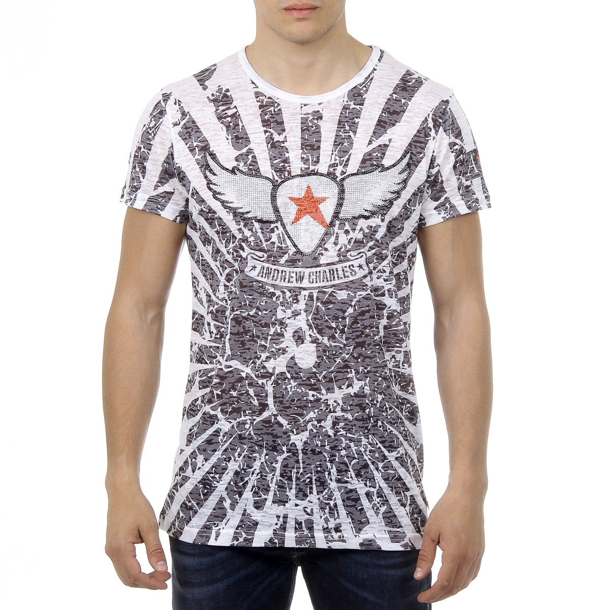 Andrew Charles T-shirt da uomo a maniche corte con scollo rotondo, nera CALEB