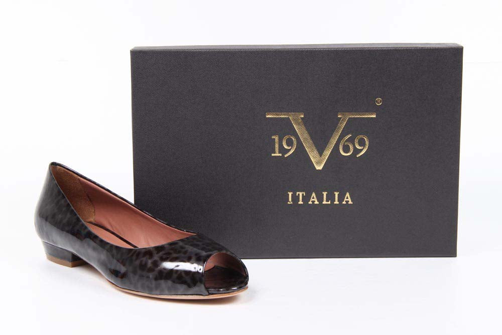 V 1969 Italia Ballerina da donna con tacco e punta aperta 5480-STEFY N PE PELLAME STAMPATO LEOPARD