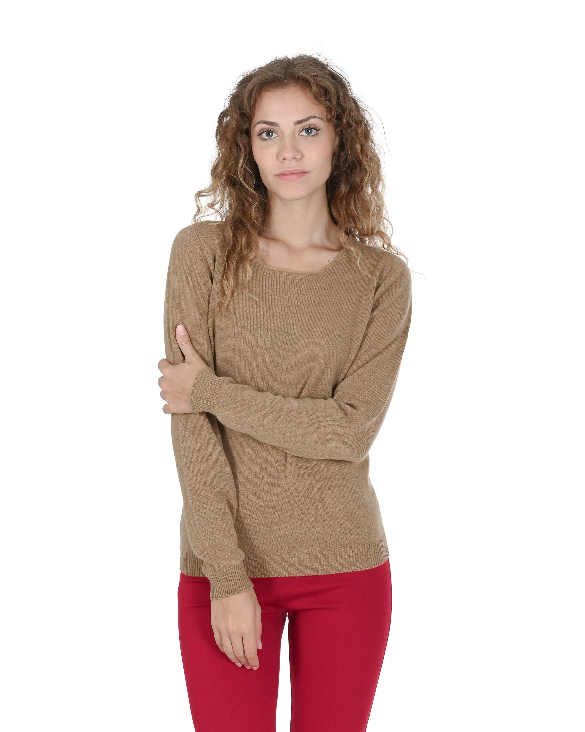 Maglione da donna in cashmere con scollo quadrato Crown of Edinburgh COE 0024 BISCUIT