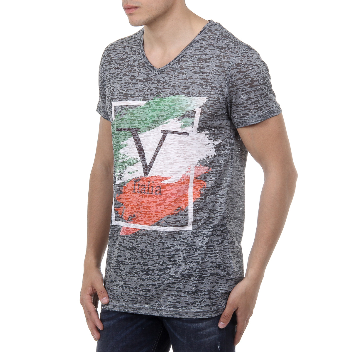 V 1969 Italia T-shirt da uomo a maniche corte con scollo a V, verde scuro LUCAS