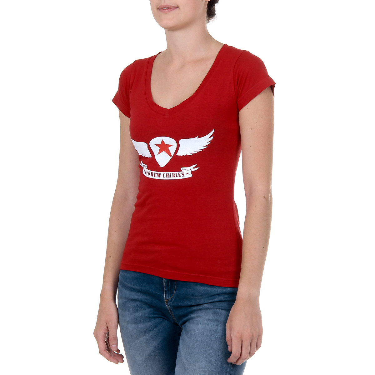 Andrew Charles T-shirt da donna a maniche corte con scollo a V, rossa TAPIWA