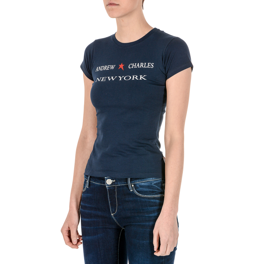 Andrew Charles Maglietta da donna a maniche corte con scollo rotondo blu TARANA