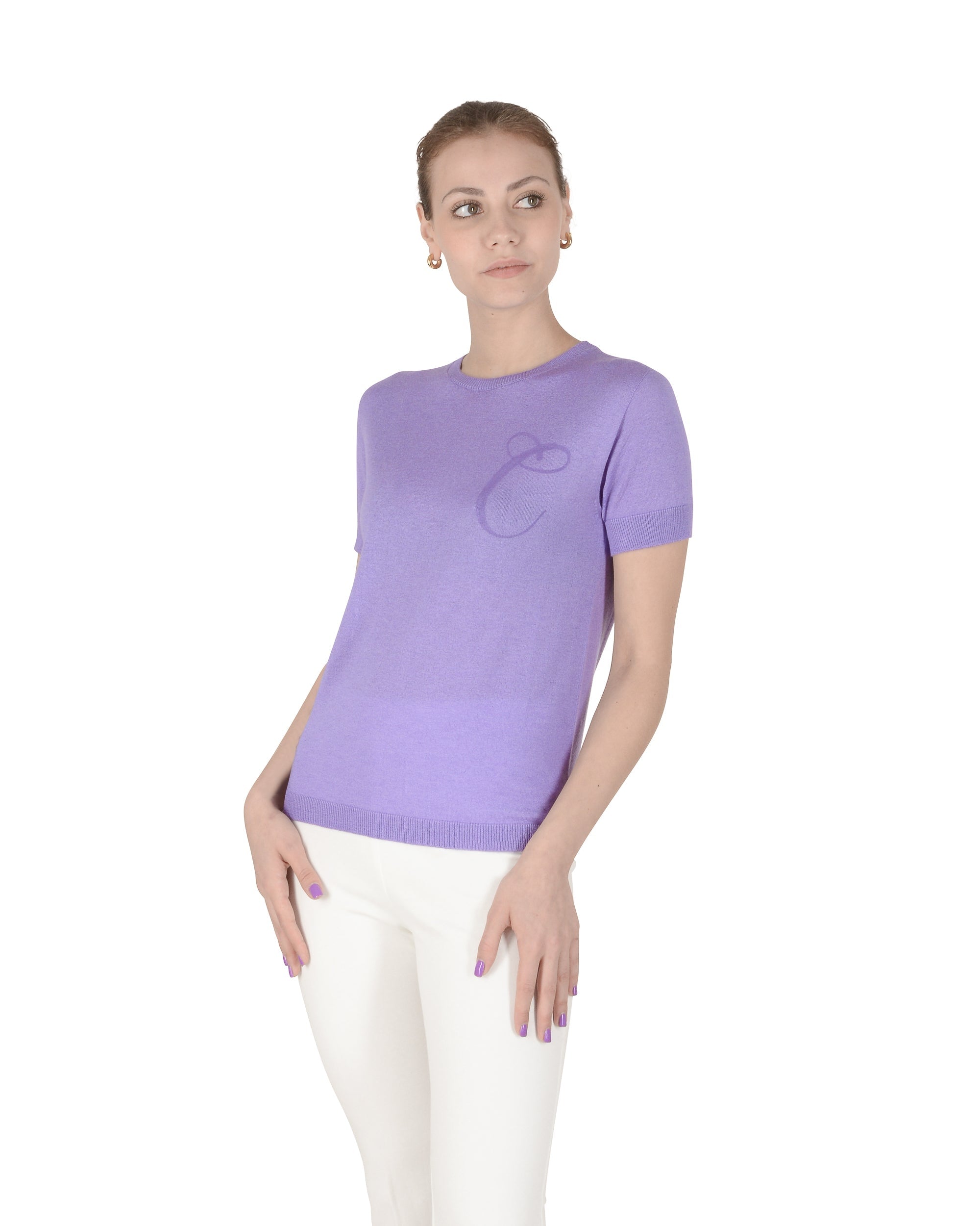 Maglia girocollo estiva in cashmere - Manica corta - Lilla