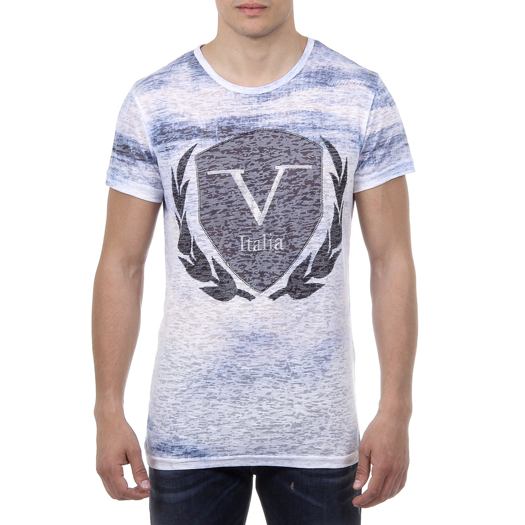 V 1969 Italia T-shirt da uomo a maniche corte con scollo tondo azzurro LOGAN