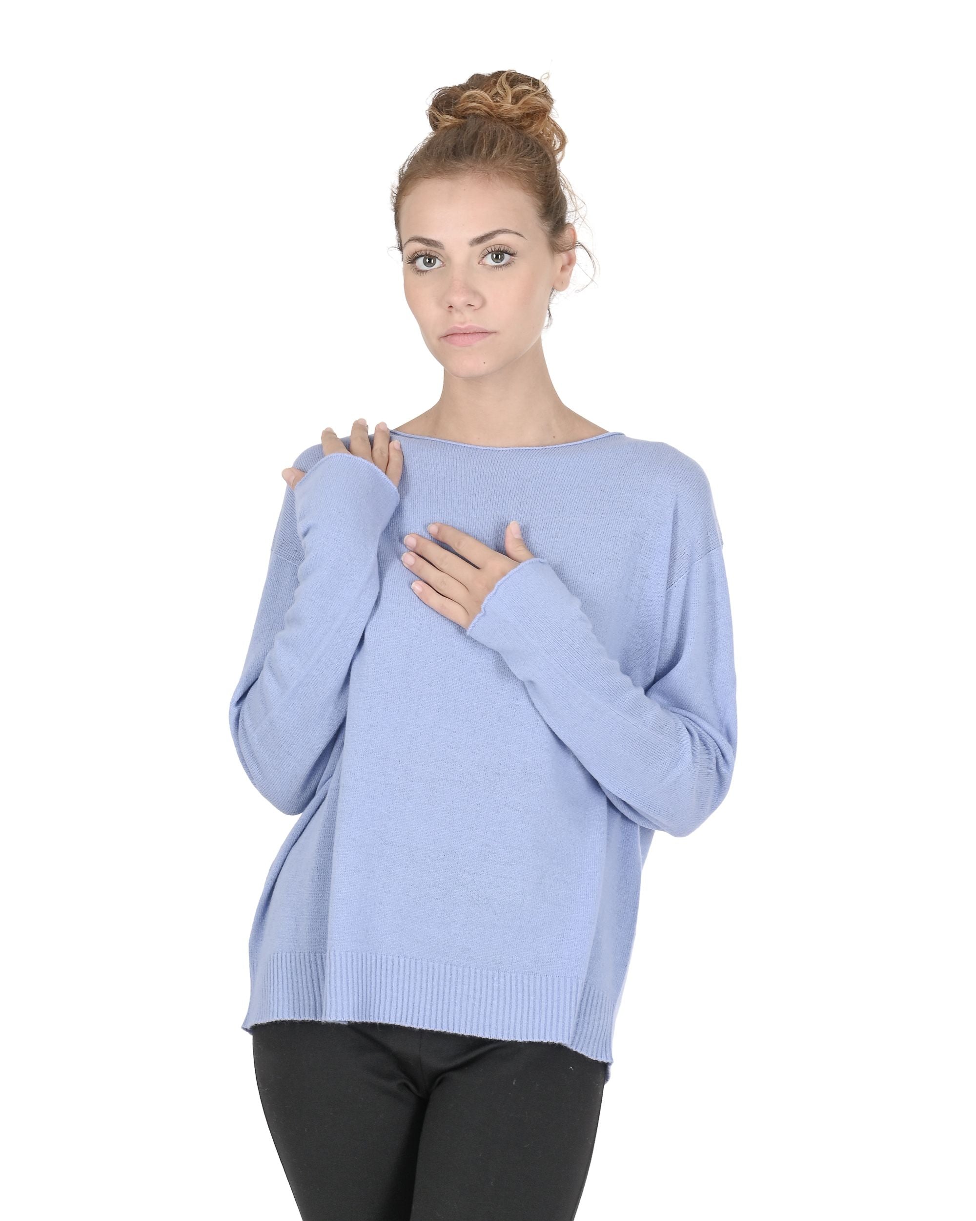 Maglione oversize con scollo a barca da donna in cashmere Crown of Edinburgh COE 008 BLU CIELO