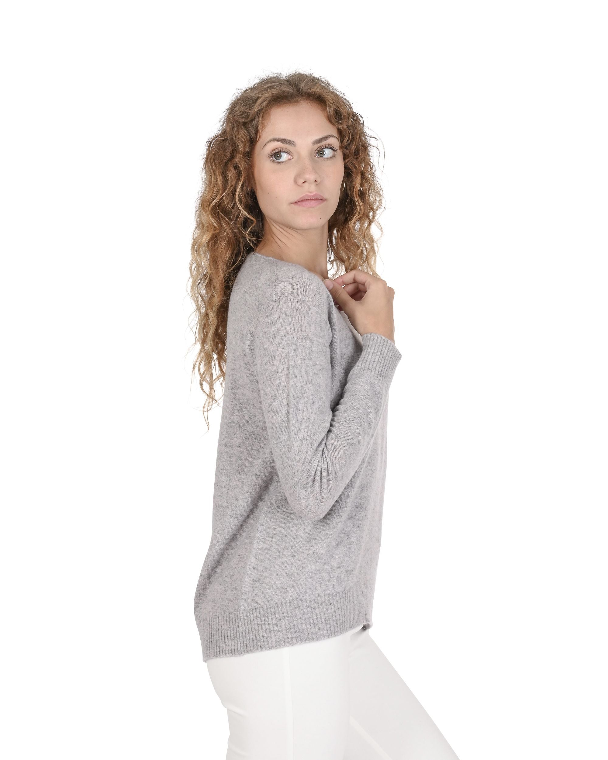 Maglione da donna in cashmere con scollo quadrato Crown of Edinburgh COE 006 OYSTER