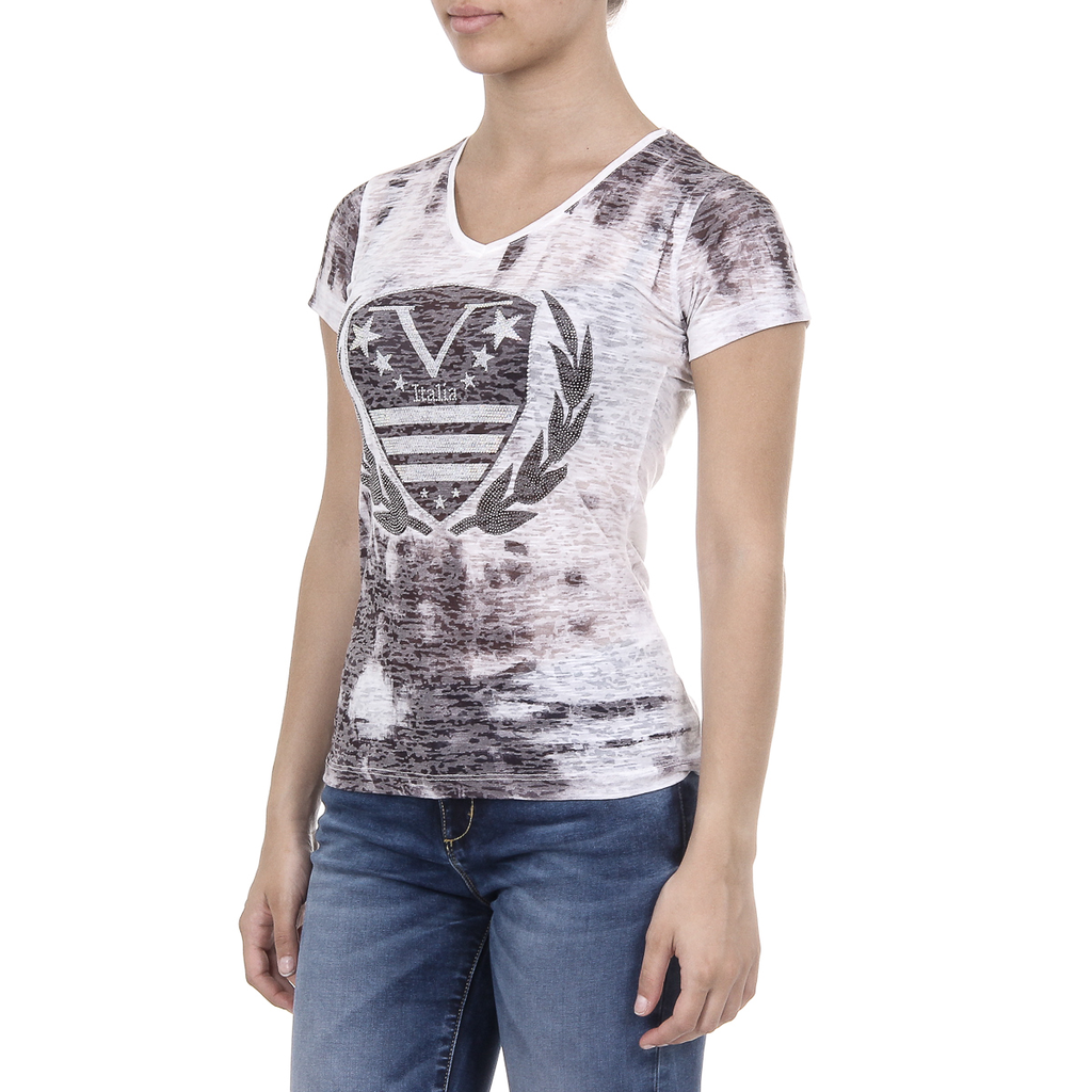 V 1969 Italia T-shirt da donna a maniche corte con scollo a V nera EMILY