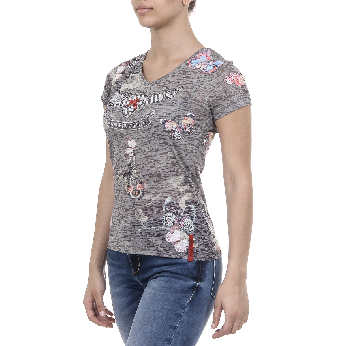 Andrew Charles T-shirt da donna a maniche corte con scollo a V verde scuro STELLA