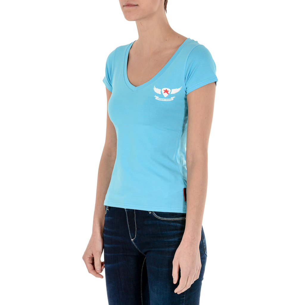 Andrew Charles T-shirt da donna a maniche corte con scollo a V, colore azzurro TAPIWA