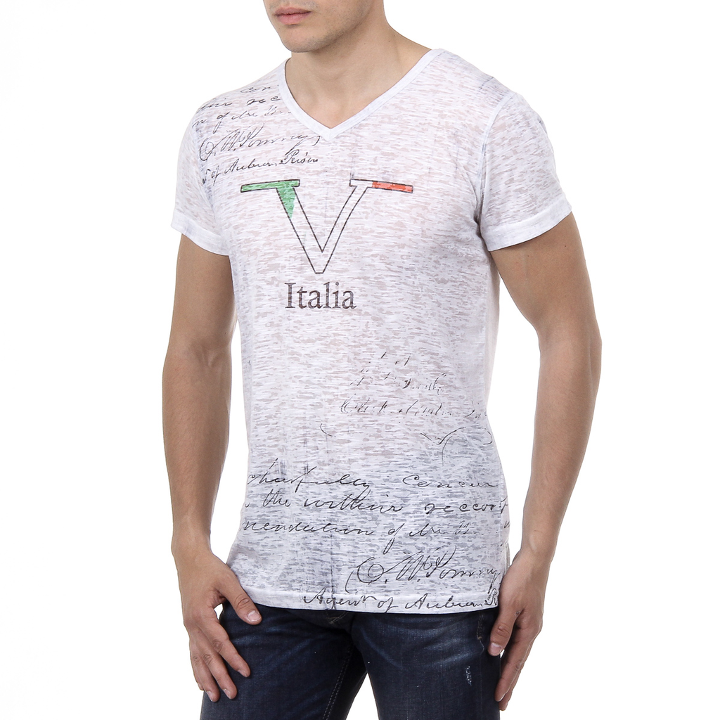 V 1969 Italia T-shirt da uomo a maniche corte con scollo a V, bianca JACOB