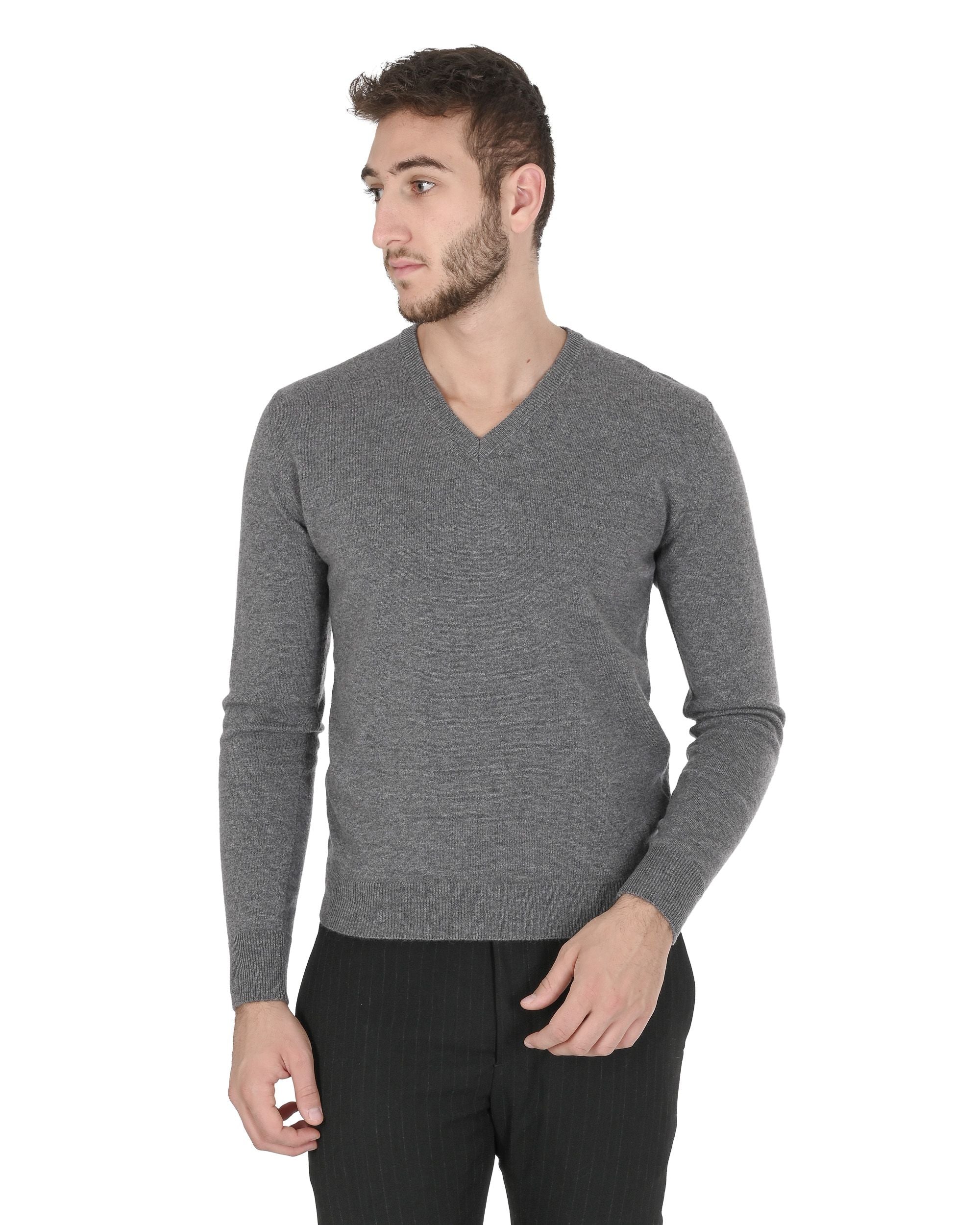 Maglione da uomo in cashmere con scollo a V Crown of Edinburgh COE 0012 GRIGIO