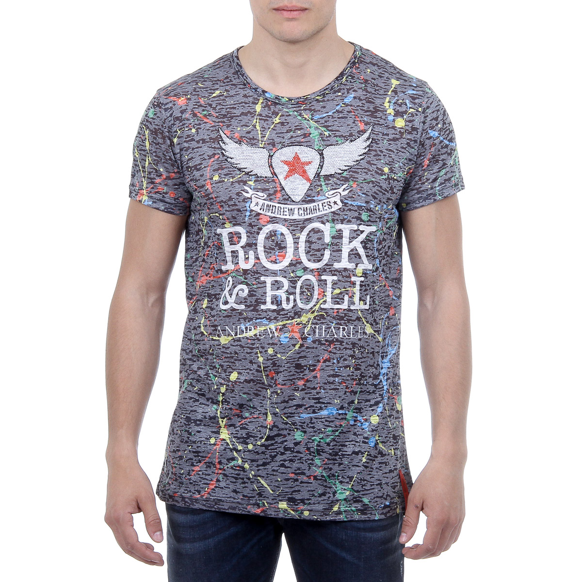 Andrew Charles T-shirt da uomo a maniche corte con scollo tondo, nera, modello HUNTER