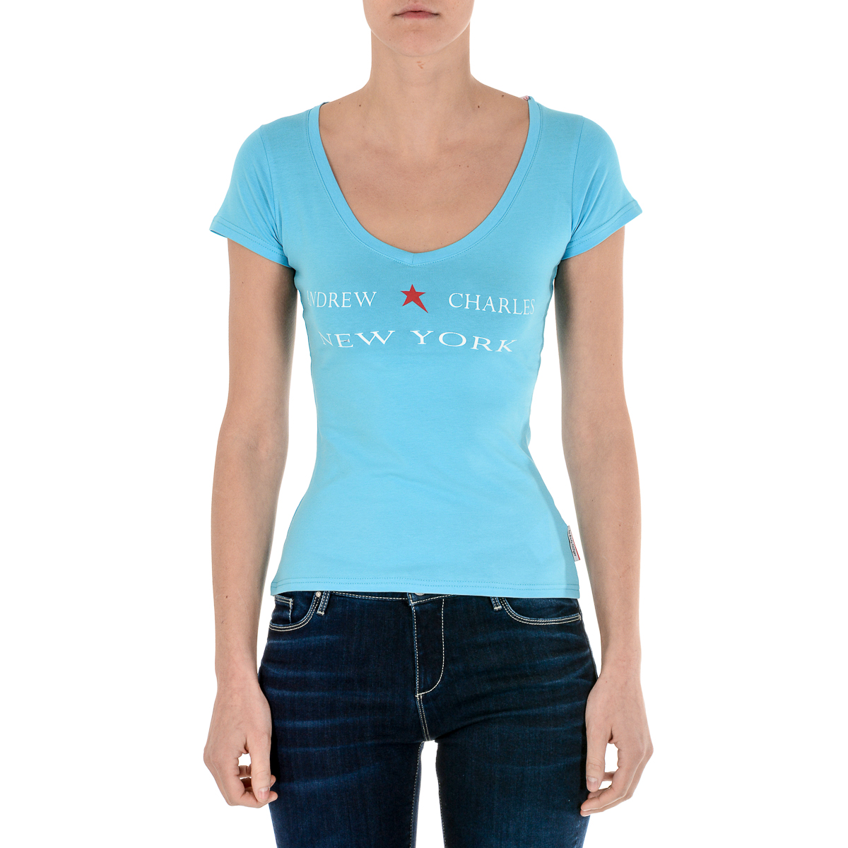 Andrew Charles T-shirt da donna a maniche corte con scollo a V, colore azzurro TAPIWA