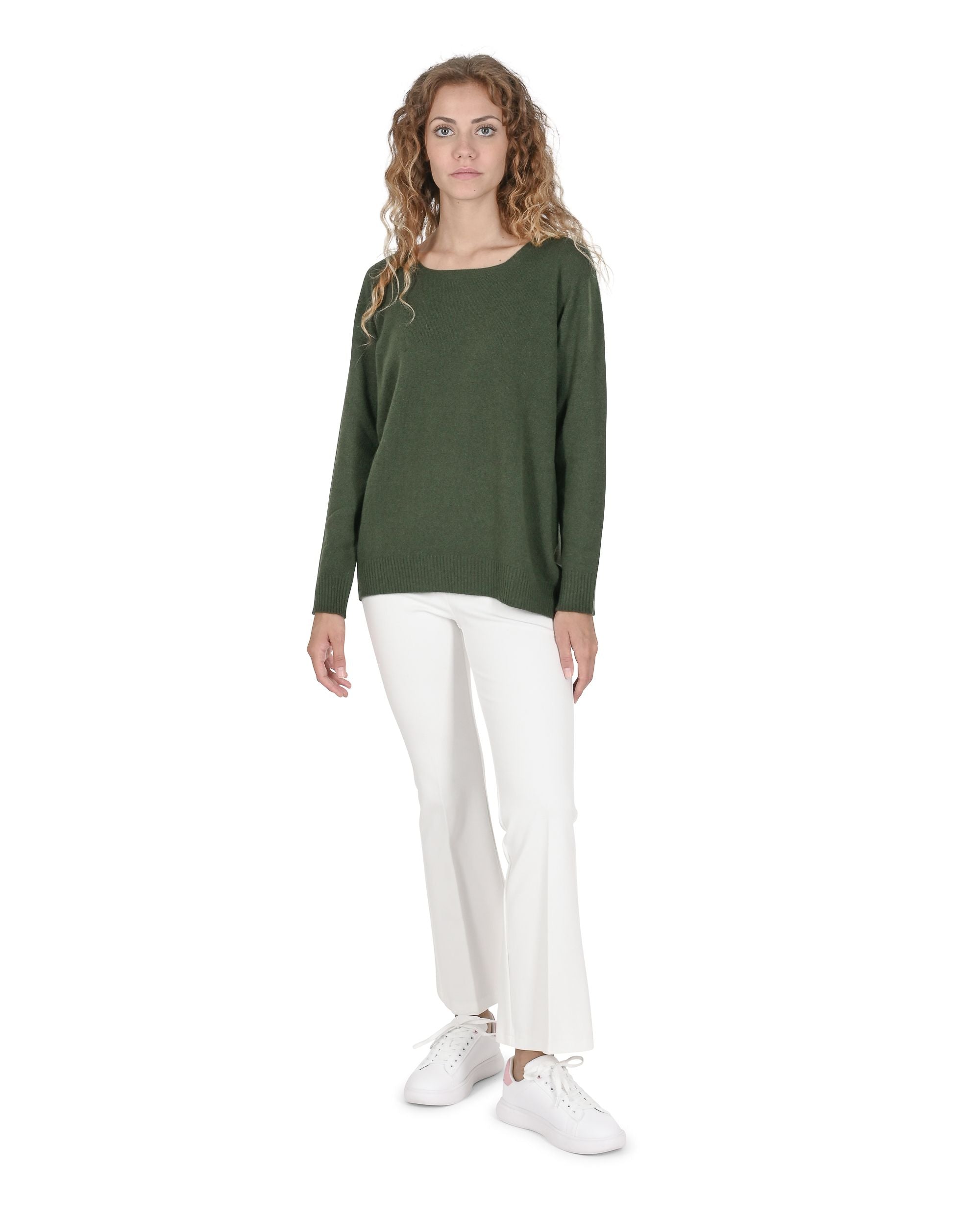 Maglione da donna in cashmere con scollo quadrato Crown of Edinburgh COE 006 VERDE OLIVA