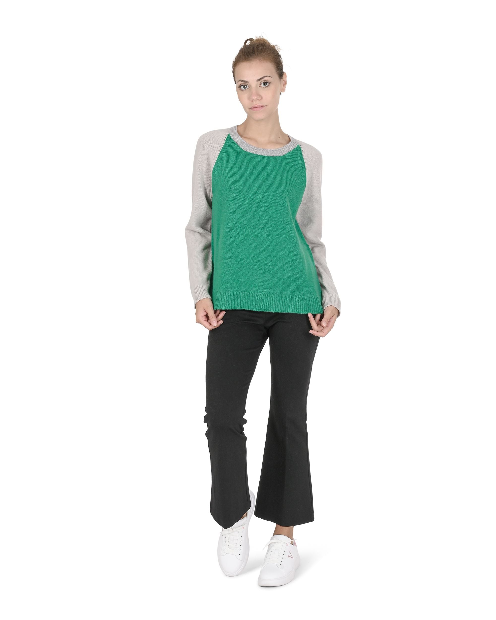 Maglione girocollo da donna in cashmere Crown of Edinburgh COE 0016 VERDE/CREMA